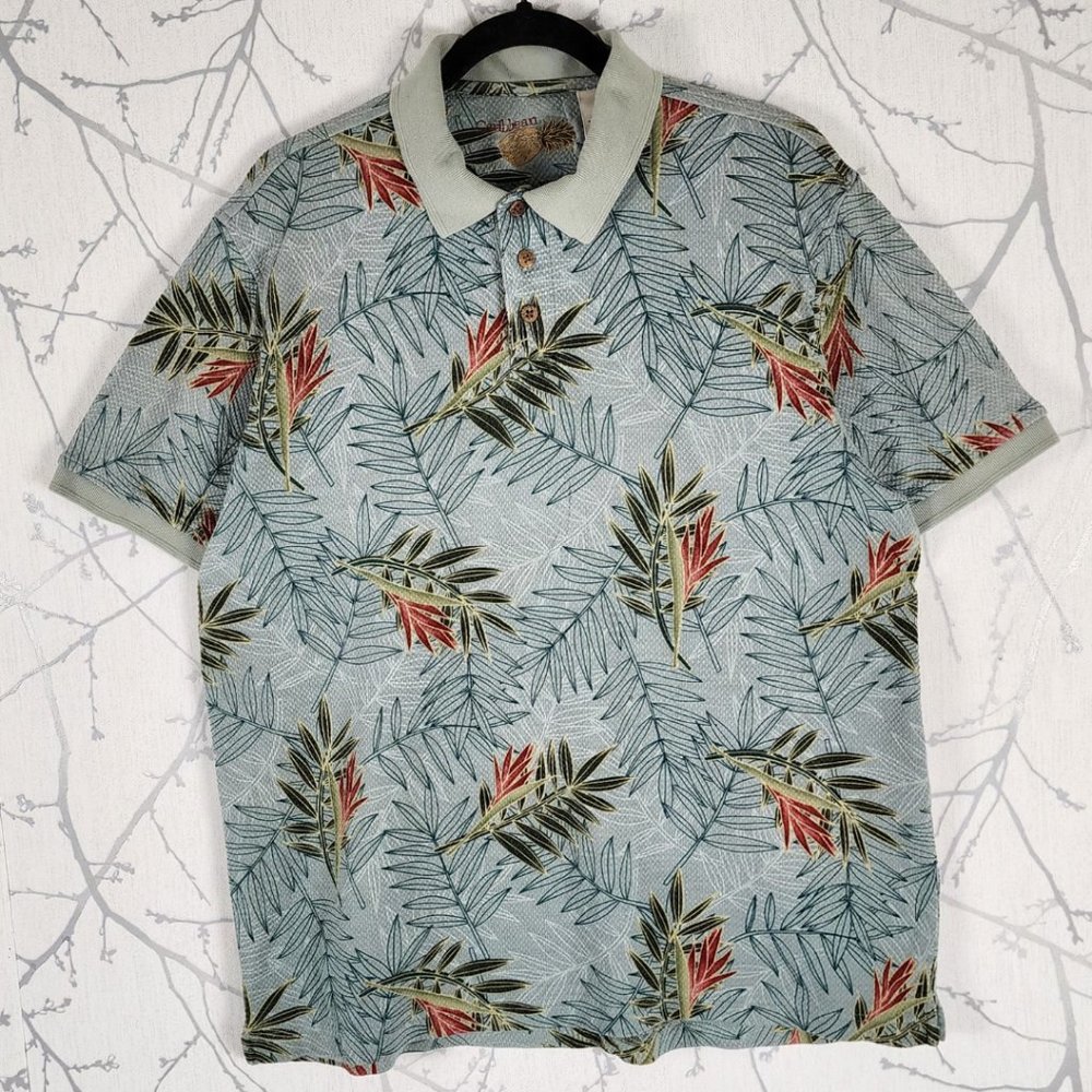 Caribbean Green Leaves Printed Silk Cotton Blend Polo